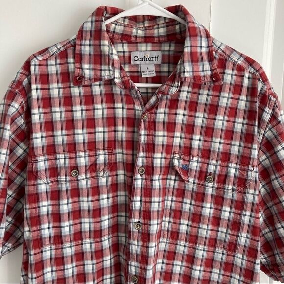 Carhartt Large Red Plaid Cotton Button-Up Shirt - Picture 8 of 11